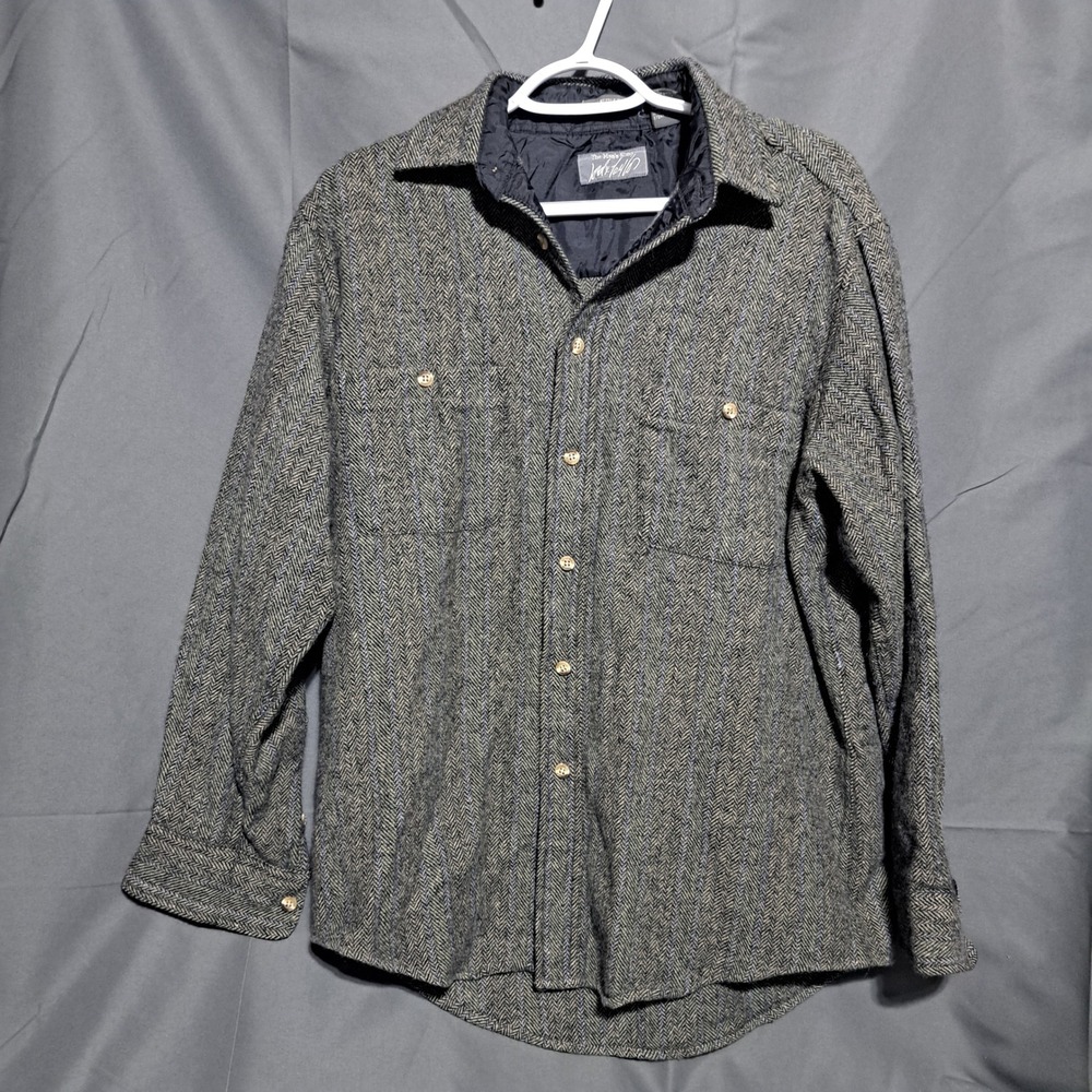 Lord & Taylor Mens‎ LG Wool Blend Herringbone Shirt Jacket Grey Single Needle
